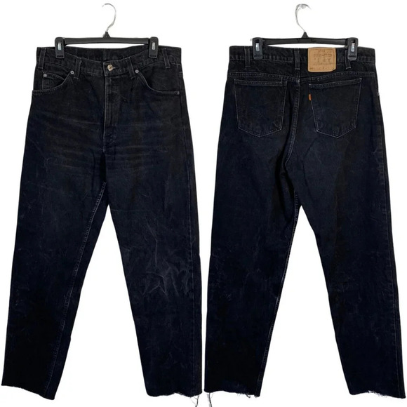 Vintage Levis 550 Orange Tab Denim Jeans Relaxed Fit Men's 34x32 Black Raw Hem - Picture 1 of 13